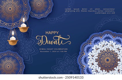 Diwali Festival Banner. Diya lamp and Rangoli with flowers