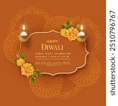 Diwali Festival banner. Golden frame, rangoli patterns, marigold flowers and candles