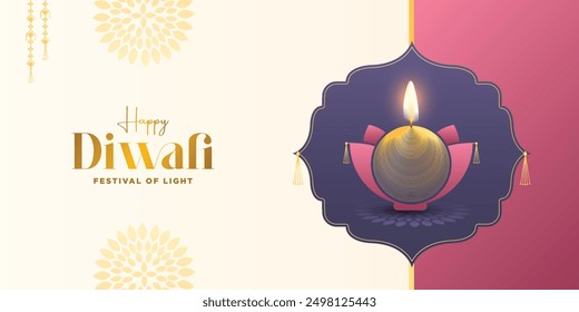 Diwali festival Banner. DIwali holiday shiny banner background with diya lamps and rangoli. Vector illustration