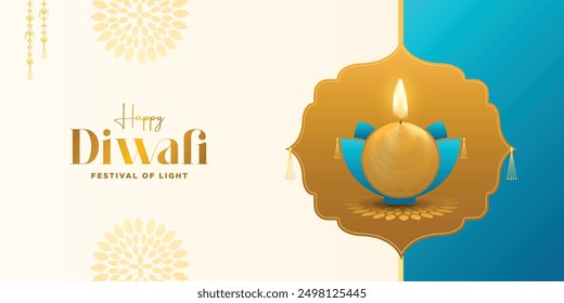 Diwali festival Banner. DIwali holiday shiny banner background with diya lamps and rangoli. Vector illustration