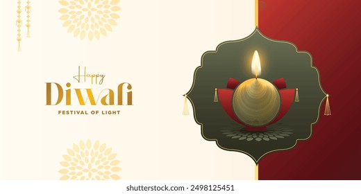 Diwali festival Banner. DIwali holiday shiny banner background with diya lamps and rangoli. Vector illustration