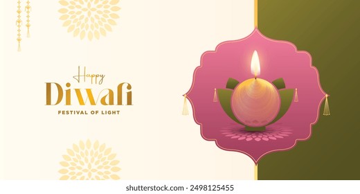 Diwali festival Banner. DIwali holiday shiny banner background with diya lamps and rangoli. Vector illustration