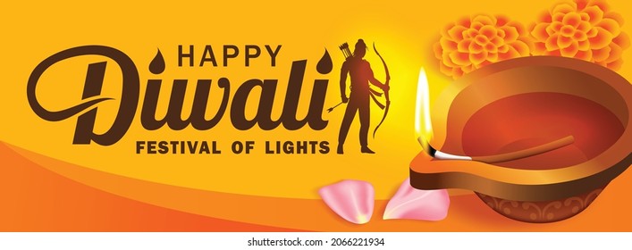 Diwali festival banner with Loard Rama, Diya oil lamp and flowers on yellow background. Vector