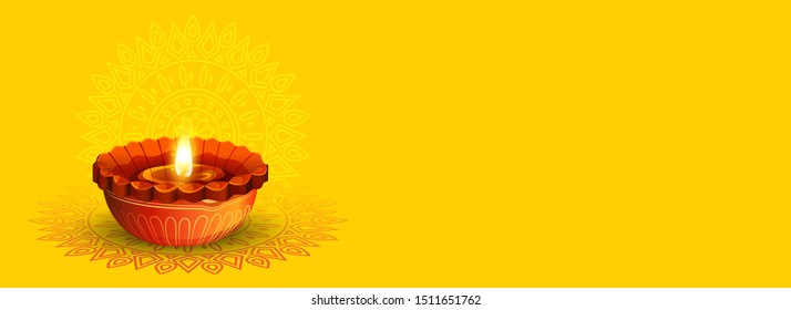 Diwali festival banner poster design with realistic oil lamp on background for Diwali Festival celebration.
