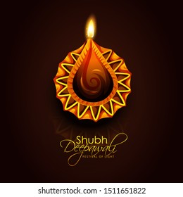 Diwali festival banner poster design with realistic oil lamp on background for Diwali Festival celebration.