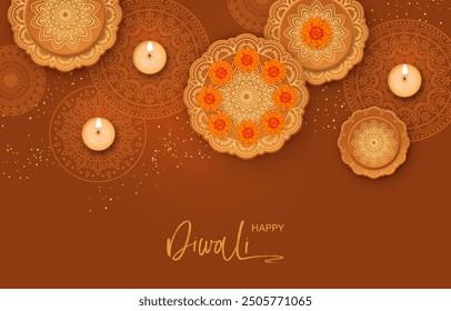 Diwali Festival banner. Rangoli patterns, candles and marigold flowers