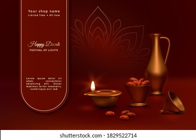 Diwali Festival banner. Realistic 3d vector composition of brass diya lamp for Diwali festival and traditional copper Indian cookware