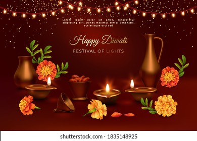 Diwali Festival banner. Realistic 3d composition of Diwali Oil Lamp, marigold flowers, traditional copper Indian cookware and garland of light bulbs