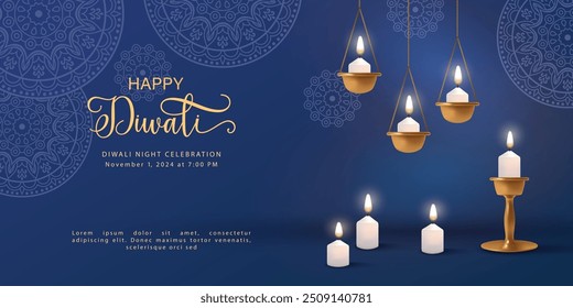 Diwali Festival Banner. Traditional background with candles in candlesticks and diya lamp