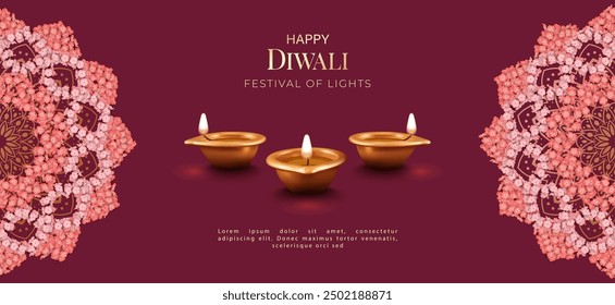 Diwali Festival Banner. Traditional Indian copper diya lamp and Rangoli made of flowers and petals