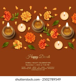 Diwali Festival Banner. Traditional Indian background with diya lamp, candles, marigold flowers and petals