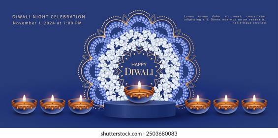 Diwali Festival Banner. Traditional Indian copper diya lamp and Rangoli made of flowers and petals