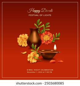 Diwali Festival Banner. Traditional Indian background with diya lamp, marigold flowers and traditional copper Indian vase