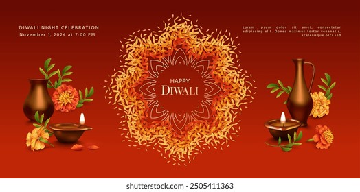 Diwali Festival Banner. Traditional Indian background with diya lamp, traditional copper Indian cookware and Rangoli made of flowers and petals