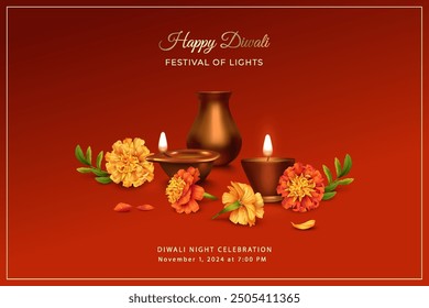 Diwali Festival Banner. Traditional Indian background with diya lamp, marigold flowers and traditional copper Indian vase