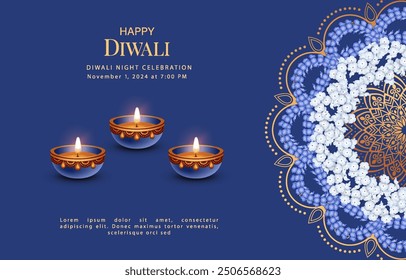 Diwali Festival Banner. Traditional Indian copper diya lamp and Rangoli made of flowers and petals