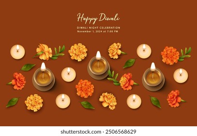 Diwali Festival Banner. Traditional Indian background with diya lamp, candles and marigold flowers