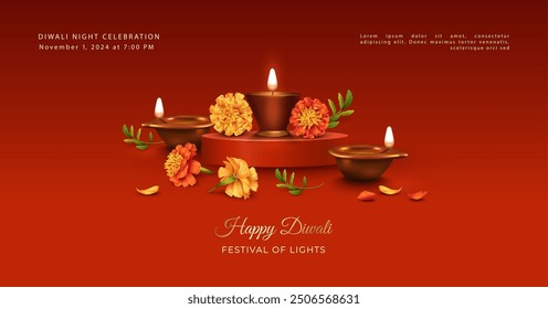 Diwali Festival Banner. Traditional Indian background with diya lamp on podium and marigold flowers