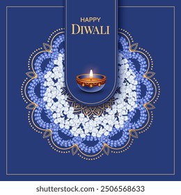 Diwali Festival Banner. Traditional Indian copper diya lamp and Rangoli made of flowers and petals