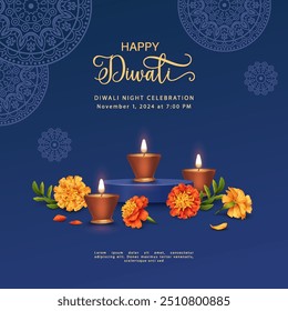 Anuncio del Festival Diwali. Fondo indio tradicional con lámpara diya en podio y flores de caléndula