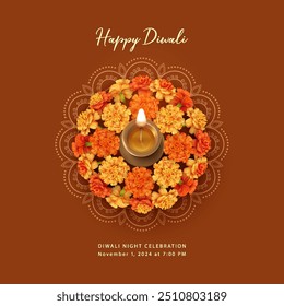 Diwali Festival Banner. Traditional Indian background with diya lamp and marigold flowers