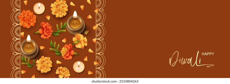 Banner do Festival de Diwali. Fundo tradicional indiano com lâmpada diya, velas, flores de calêndula e pétalas