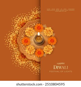 Diwali Festival Banner. Traditional Indian background with diya lamp, marigold flowers and petals