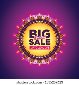 Diwali Festival Big Sale Offer Template with burning dia, oil lamps on colorful purple background. Vector Illustration