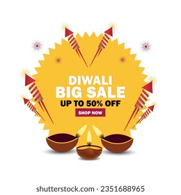 Diwali festival big sale offer discount banner. Diwali items, oil lamp with Firecracker rocket