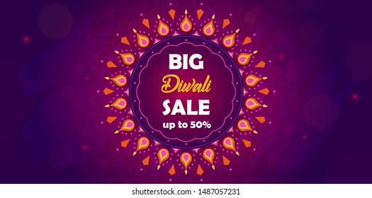 Diwali festival big sale. Purple colors. Festival of oil lamps. Diwali marketing solution for sale. Vector illustration. A poster or banner on a site or social network. The focus is on sale.