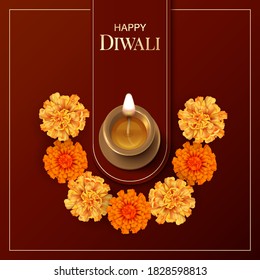 Diwali Festival Card. Traditional Indian copper or brass diya lamp and marigold flowers. 3D vector illustration