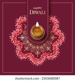 Tarjeta del Festival Diwali. Lámpara tradicional india de cobre diya y Rangoli hecho de flores y pétalos