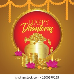 Diwali festival celebration and banner or poster for Dhanteras with Goddess Maa Lakshmi / with Gold coin in pot for Indian dhanteras festival