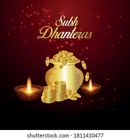 Diwali festival celebration and banner or poster for Dhanteras with Goddess Maa Lakshmi / with Gold coin in pot for Indian dhanteras festival