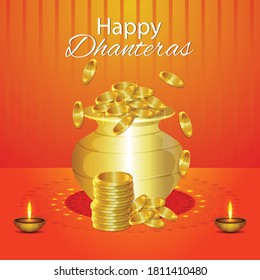 Diwali festival celebration and banner or poster for Dhanteras with Goddess Maa Lakshmi / with Gold coin in pot for Indian dhanteras festival