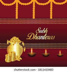 Diwali festival celebration and banner or poster for Dhanteras with Goddess Maa Lakshmi / with Gold coin in pot for Indian dhanteras festival