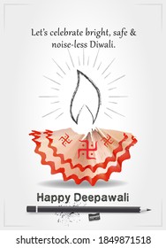 Diwali festival celebration concept, Indian festival of lights, family, decoration, idea, goddess Lakshmi, pencil and hindi calligraphy text “Happy Diwali”