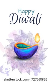 Diwali festival celebration hand drawn vector illustration. Traditional lamp on watercolor background with mandala. 