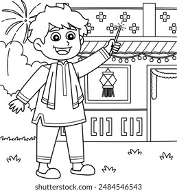 Diwali Festival Child with Fireworks Coloring Page