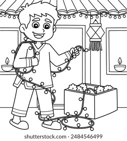Diwali Festival Child with Lights Coloring Page 