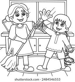 Diwali Festival Cleaning the House Coloring Page