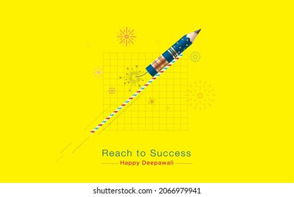 Diwali festival creative poster design with drawing pencil fire rocket. Eco friendly green modern innovative deepawali concept for business advertising and marketing agency