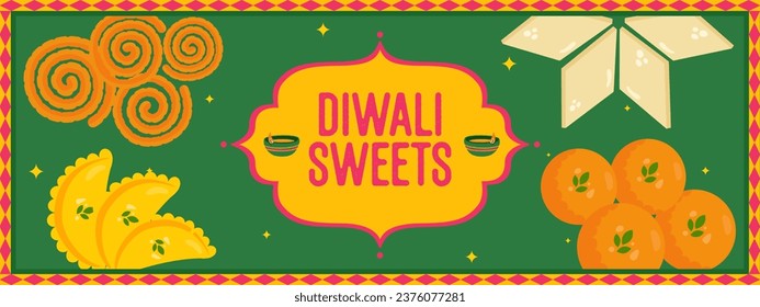 Diwali festival digital banner showing Indian festival sweets vector illustrations.