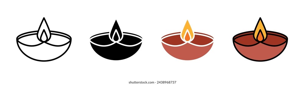 Diwali Festival Diya Icons. Juego de símbolos Deepam Flame. Vector tradicional de la lámpara de aceite de arcilla.