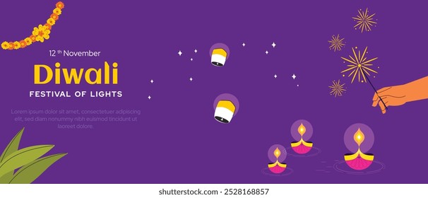 Diwali festival with diya lamps and rangoli vector illustration background.