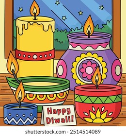 Diwali Festival Diyas and Candles Colored Cartoon
