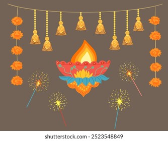 Elementos planos del festival Diwali y conjunto de iconos para Plantillas gráficas y de Diseño web. Diya, decoraciones de marygold, luces, luces de bengala. Conjunto dibujado a mano para la decoración hindú Diwali