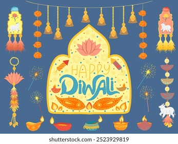 Elementos planos del festival Diwali y conjunto de iconos para Plantillas gráficas y de Diseño web. Diyas, petardos Deepavali, decoraciones de marygold, phool mala, luces, faroles, lámparas de aceite. Feliz texto de Diwali