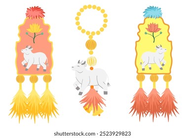 Diwali festival flat elements and icon set for graphic and web design templates. Phool mala accessories for cows. Hand drawn set for Diwali Hindu decor