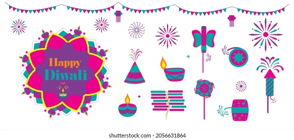 Festival Diwali pantalla plana de elementos modernos ilustración e ícono conjunto para plantillas gráficas o petardos depavali,petardos diwali 2021 vector plano, fuegos artificiales vectoriales completos de color sobre fondo blanco